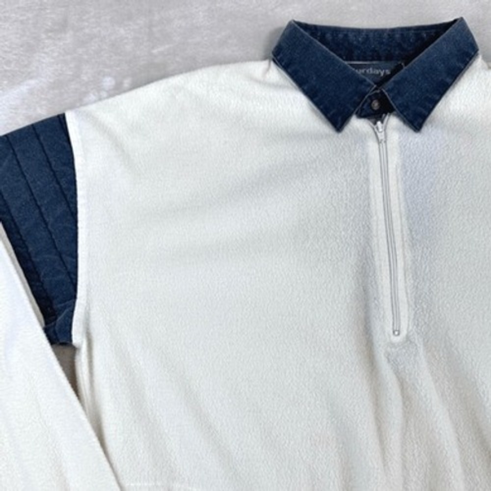 Vintage SATURDAYS Shirt Womens L White Long Sleeve 1/4 Zip‎ Fleece Terry Polo